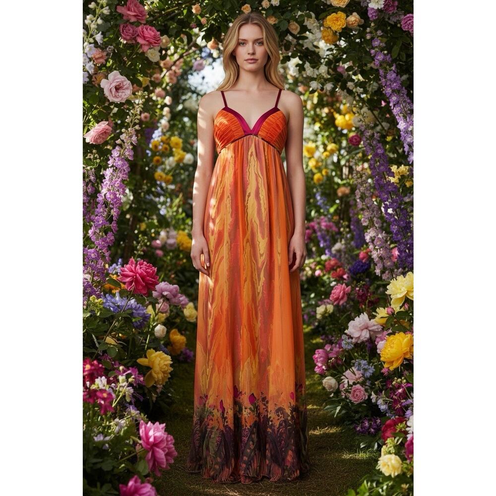Y2K Marciano Guess 100% Silk Maxi Dress Women's Size S Abstract Butterfly Floral